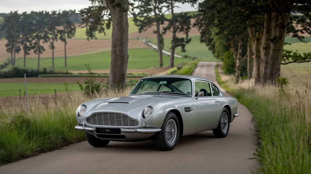 A photo of a 1967 Aston Martin DBS parked on a country road surrounded by lush greenery, fields, and tall trees. The car is painted silver and has a black interior. The road is paved and winds through the scenic landscape.