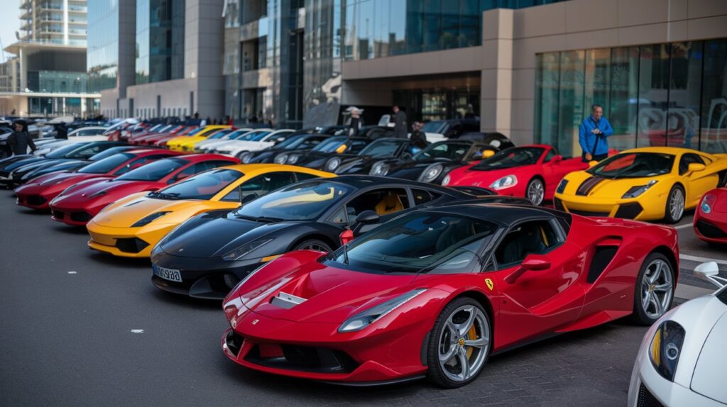 A photo of a large fleet of supercars parked on a street in Dubai. The cars are red, black, yellow, and white, and include models like Ferrari, Lamborghini, and McLaren. The background contains modern architecture. There are people standing near the cars, one of whom is wearing a blue jacket.