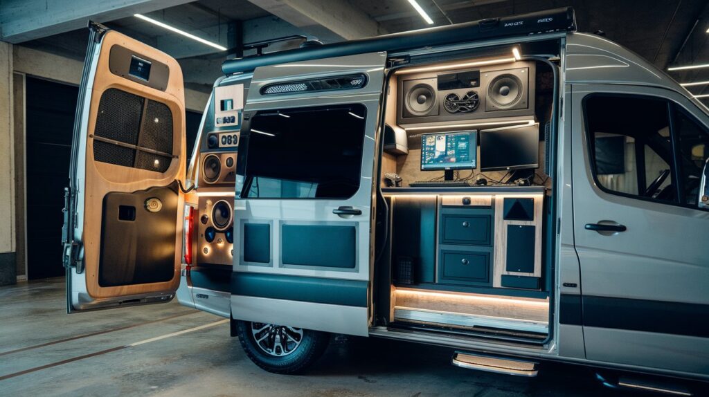 A photo of a luxury Sprinter van with a high-tech interior. There's a sound system with multiple speakers, a lighting system with various lights, and a computer system with a monitor and keyboard. The van is parked in a garage with a concrete floor. The lighting is bright.