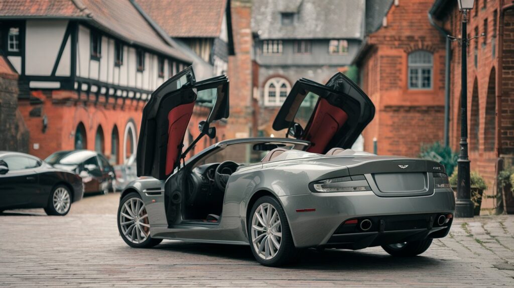 A photo of a side angle shot of an Aston Martin DBS Volante with its doors open facing up. The car is parked on a cobblestone street with a few cars parked behind it. The background is a picturesque European village with red brick buildings, some with half timbered structures and arched windows, and narrow streets. There is a street lamp near the car. The overall image has a warm hue.