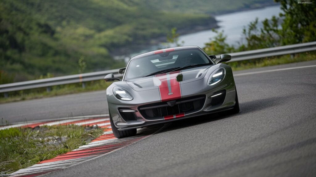 A photo of a DBS GT Zagato car making a sharp curve on a scenic road. The background reveals a lush green valley and a body of water. The car's red and white stripes are prominently visible. The photo is shot from a low angle, emphasizing the car's size and power.