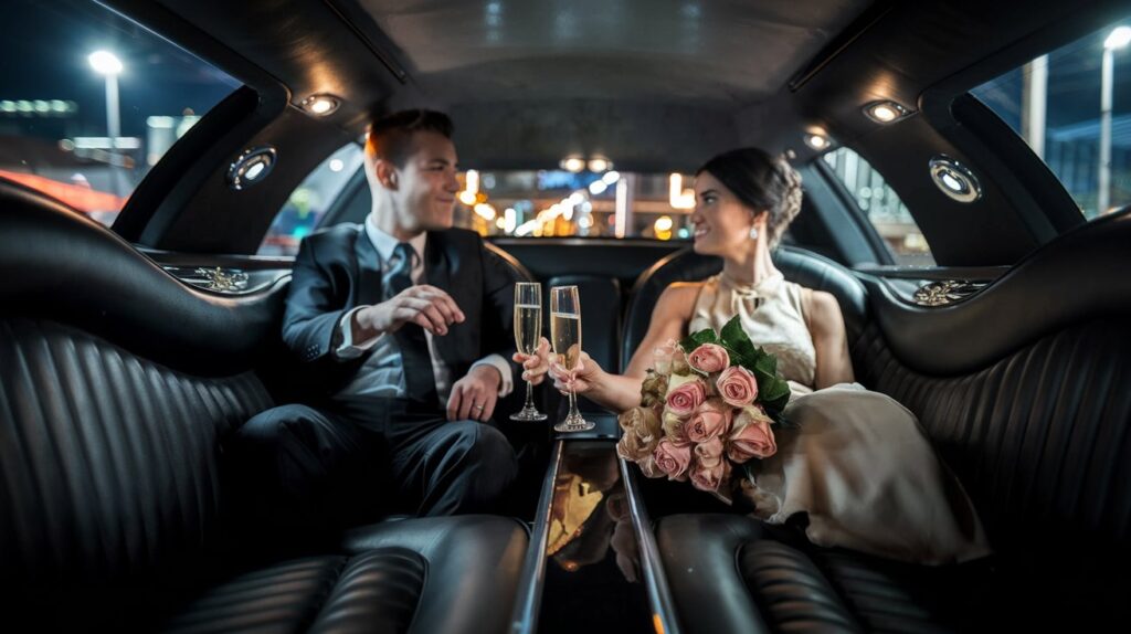 The shot focuses on the backseat of a classic stretch limousine. Inside the limousine, there's a man with a suit and a woman with a dress celebrating. The man is smiling while the woman is holding a bouquet of roses with the left hand and holding a glass of champagne with the right. The background is a city at night with bright lights.