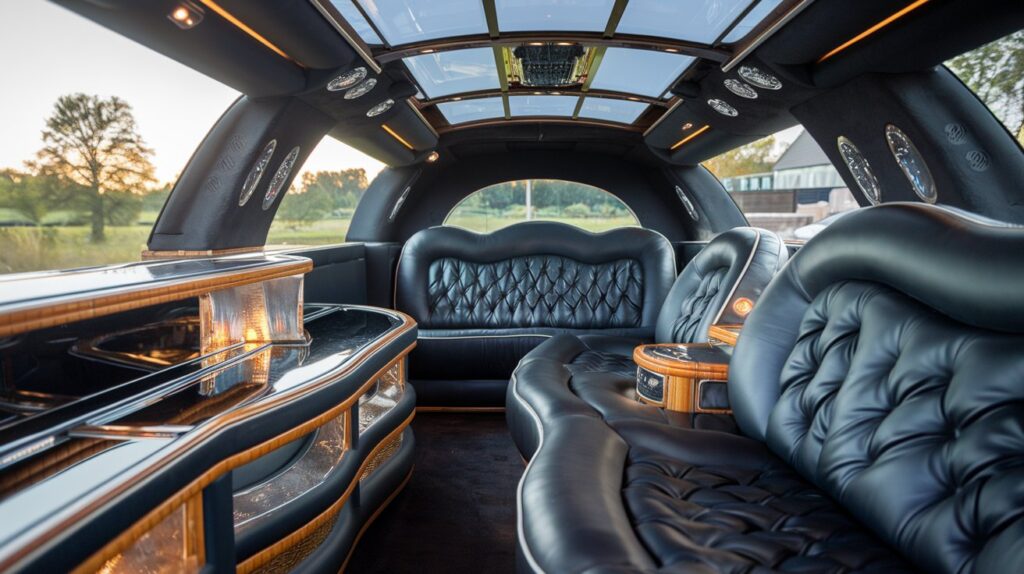 A photo of a luxurious Mercedes Benz limousine with black leather seats, a wooden paneling, and a separate partition between the driver and the passengers. The limo has tinted windows, a sunroof, and a bar. There's a close-up shot of the limo's steering wheel. The background is a serene landscape with trees and a building.