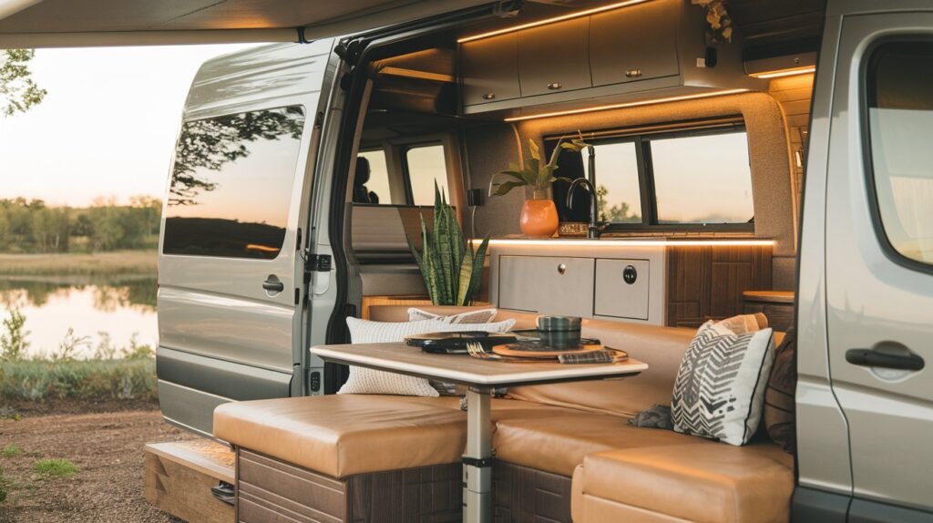 A photo of a luxury Sprinter van with a cozy, modern interior. The van has a comfortable sofa, a dining table, and a small kitchen. There's a potted plant and a few personal items. The lighting is warm. The background is a serene landscape with trees and a body of water.