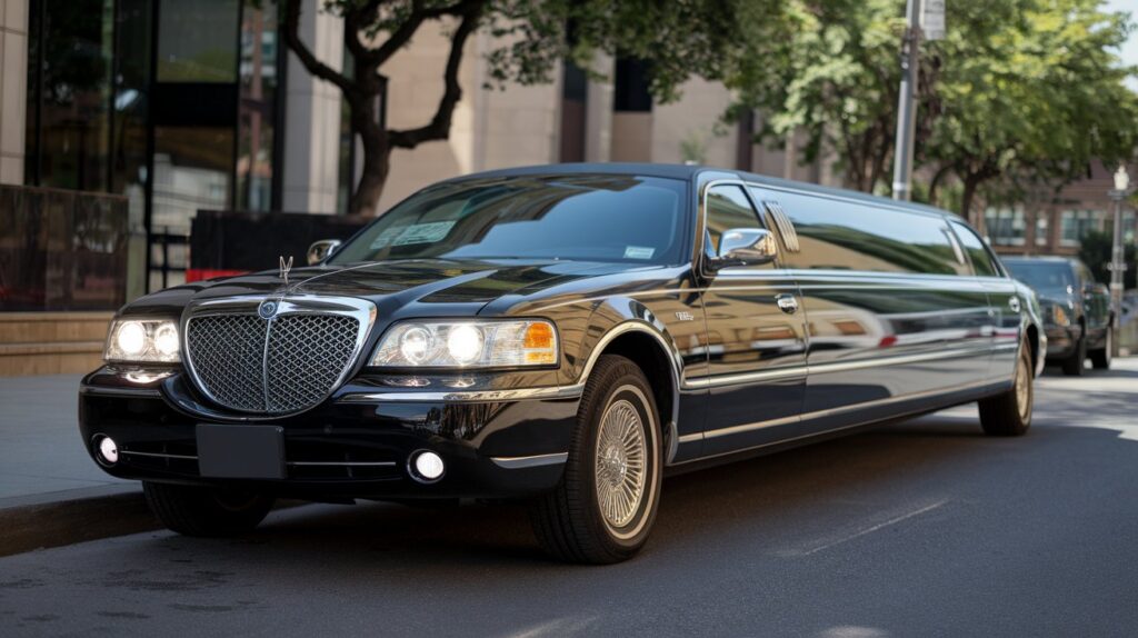 A photo of a famous limousine brand under the title "Corporate Business Errand". The photo shows a limousine parked on a street. The limousine has a dark exterior and is parked near a building. The background contains buildings and trees. The lighting is bright.