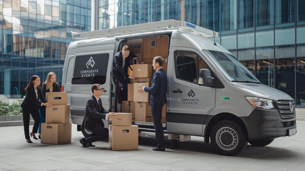 A medium shot of a group of business professionals loading a luxury Sprinter van with boxes. The van has the logo "Corporate Events". The background contains a modern office building with glass windows. The lighting is bright.