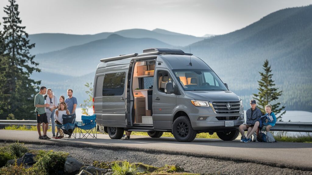 A photo of a van parked on a mountain road. The van is a luxury Sprinter Van. The background reveals a scenic view of the mountains and a lake. There are family members, including adults and children, standing and sitting around the van. They are enjoying the view and the outdoors. The photo has a clear sky and the lighting is bright.