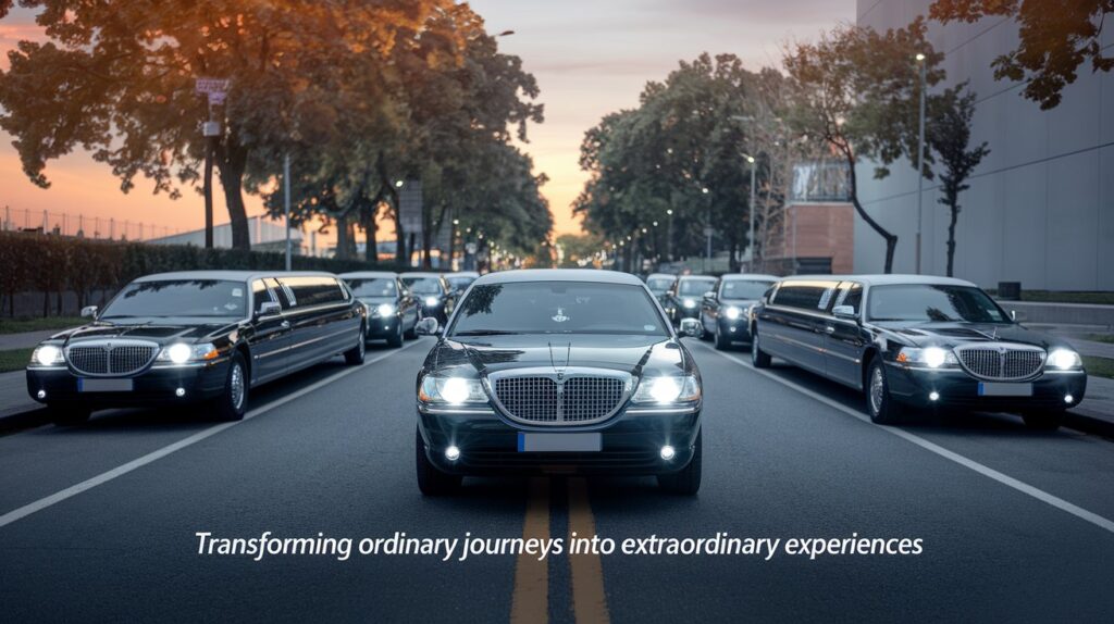 A panorama shot of a limousine car service with the text "Transforming Ordinary Journeys into Extraordinary Experiences". There are several black limousines parked on a street. The limousines have their lights on. The street has a yellow line in the middle. There are trees and a building in the background. The overall ambiance is serene.