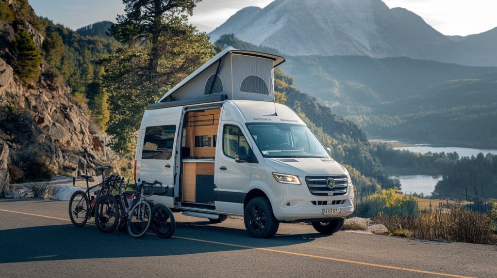 A photo of a luxury sprinter van parked on a mountainous road. The van is white and has a pop-up roof. There are several bicycles tied to the van. The background reveals a scenic landscape with mountains, trees, and a body of water. The lighting is bright.