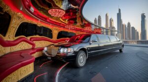 A photo of a limousine ride through the City of Gold, Dubai. The luxurious vehicle is filled with opulent red and gold decor. The exterior of the limousine is black and has tinted windows. The background reveals the futuristic skyline of Dubai with its towering skyscrapers. The ground beneath the limousine is paved with smooth, dark gray asphalt.