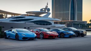 A photo of a group of exotic cars parked in a location with luxurious architecture. The cars include a Lamborghini Huracan, a Ferrari 488, a McLaren 720S, and a Rolls-Royce Dawn. There is a luxury yacht parked next to the cars. The background reveals a skyscraper with a unique design. The lighting is soft.