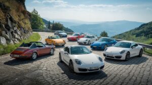 A blog post featuring an image of a variety of 911 cars parked on a cobblestone road. The road winds through a scenic mountainous landscape with lush greenery and blue skies. The background reveals picturesque mountains and a clear sky. The photo is taken at a high angle.