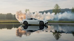 A photo of an Aston Martin DBS doing donuts with visible smoke trails. The car is spinning on a smooth surface, creating a cloud of smoke that billows outwards. The smoke trails are visible against the background. The background is a serene landscape with a calm lake, lush green trees, and a clear sky. The reflection of the car and the smoke trails can be seen on the lake's surface.