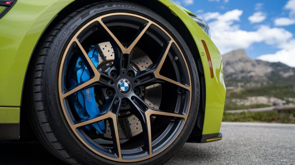 A close-up photo of a BMW M3 with the rims turned 45 degrees, revealing the state of the art brake calipers. The rims have a black and yellow design, and the brake calipers are blue. The background is a scenic view of a mountain range with a blue sky and white clouds.