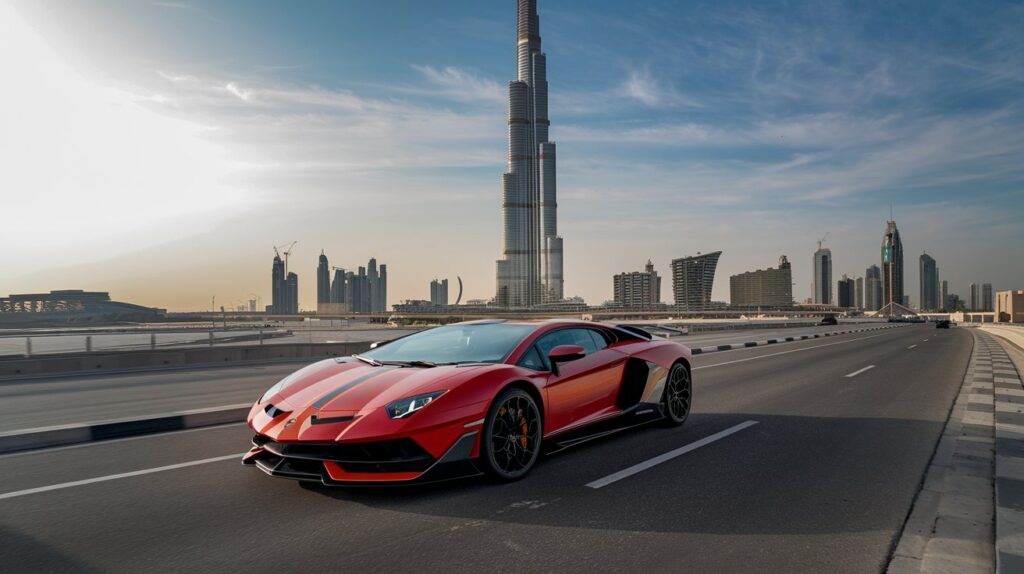 A photo of a red supercar driving on a road in Dubai, with the iconic Burj Khalifa in the background. The supercar is a Lamborghini Aventador SVJ with black and orange stripes. The road is wide and clear, with a few other vehicles visible in the distance. The background reveals the Burj Khalifa, a skyscraper in Dubai. The sky is clear with a few clouds.