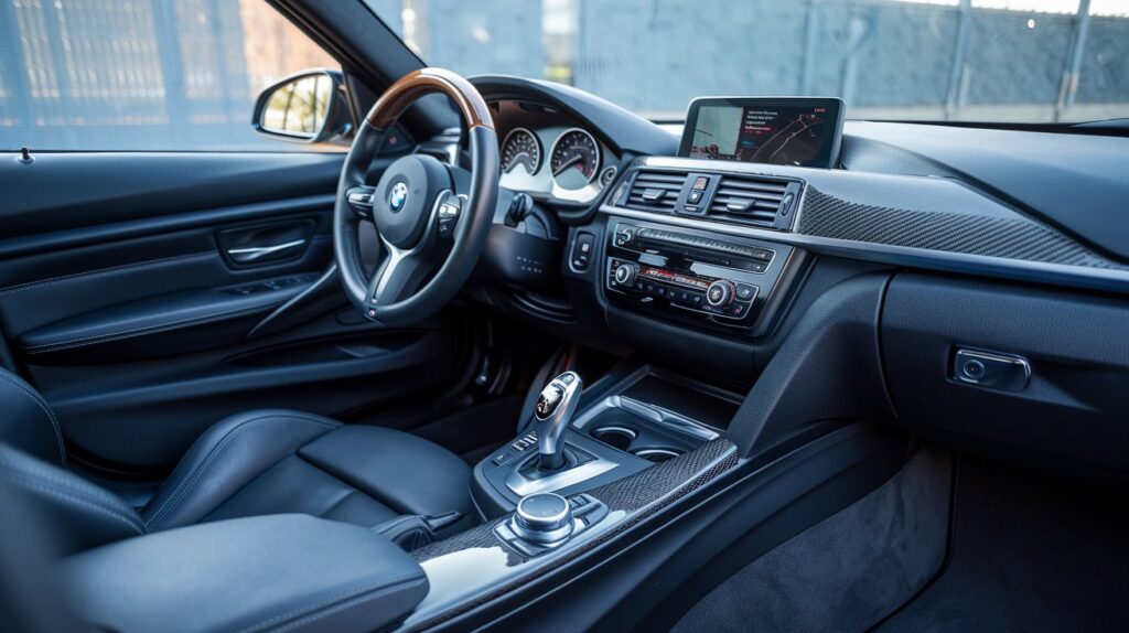 A photo of the BMW M3 interior, with a black leather seat and a wooden gear shift. The dashboard is a mix of black and silver, with a large infotainment screen in the middle. There are multiple buttons and dials around the screen. The background is a blurred view of the car's exterior and surroundings. The lighting is soft.