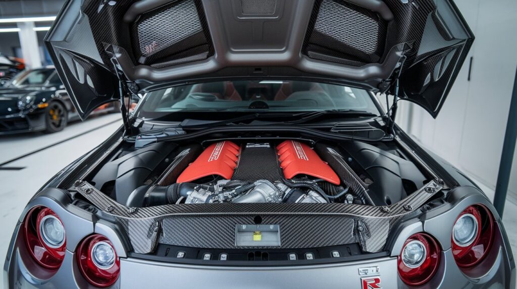 A photo of the engine bay of a Nissan GT-R supercar from Dubai. The hood popped up, revealing the sleek, red engine. The background is a garage with a few other cars. The lighting is bright.