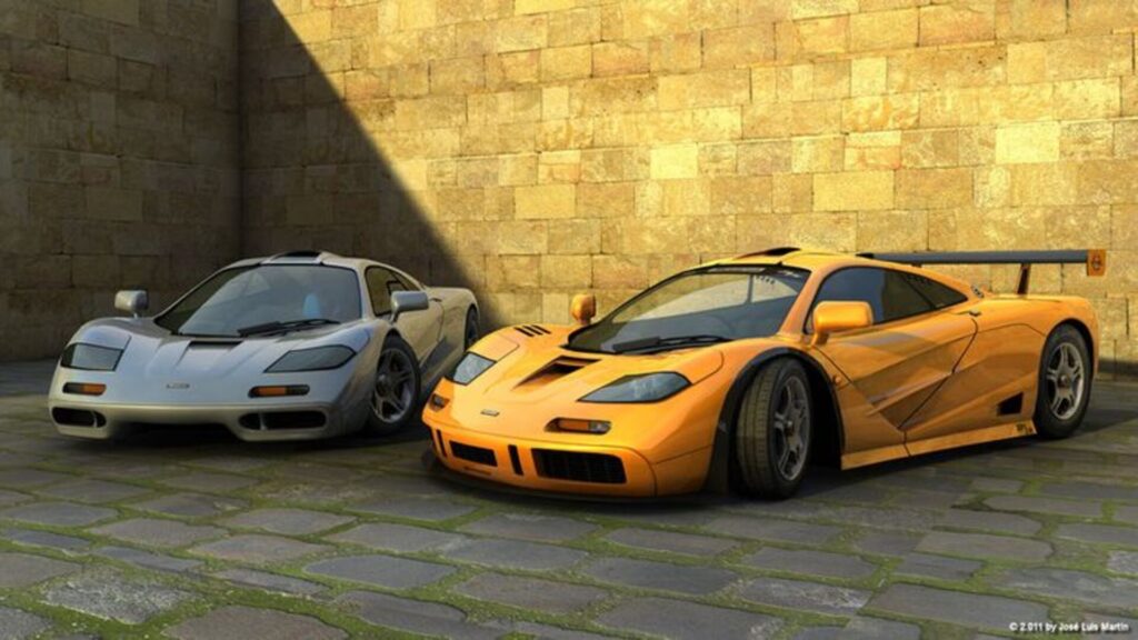 The side by side parking of White McLaren F1 and the legendary Orange McLaren F1 LM in the video game Gran Turismo.