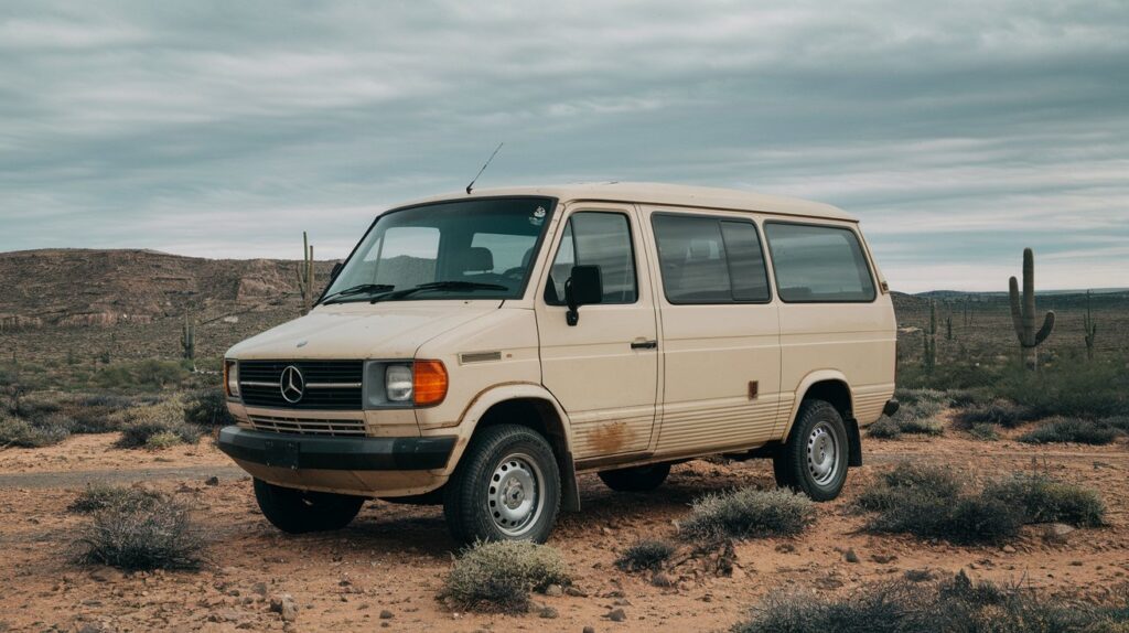 A photo of a 1990 Mercedes Benz Sprinter van parked in a desert landscape. The van is beige with black windows and has a few dents and scratches. The background reveals a vast, rocky terrain with a few cacti. The sky is cloudy.