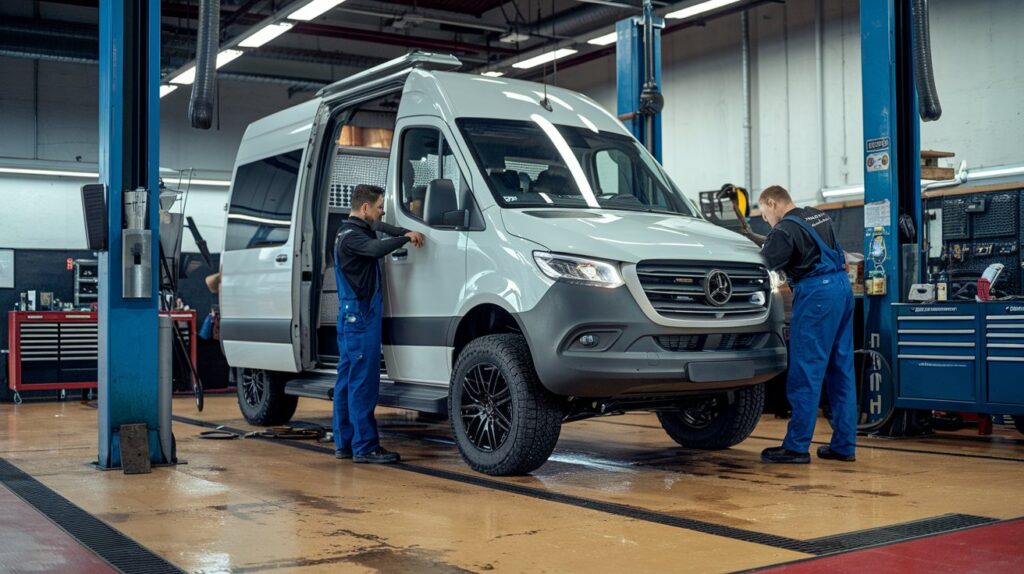 A photo of a luxury Sprinter van being serviced at a mechanic's workshop. The van is a white Mercedes-Benz Sprinter with black rims. The mechanics are wearing blue overalls and are working on the van. They are changing the tire and checking the suspension. The workshop has a variety of tools and equipment. The floor is concrete and is slightly wet from a recent cleaning. The lighting is bright.