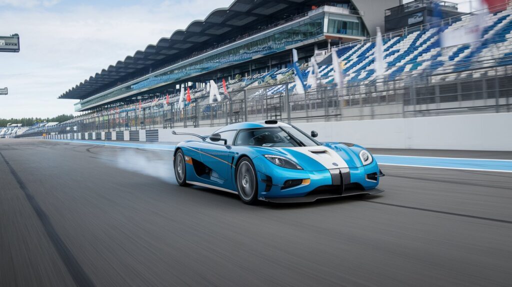 A panoramic snapshot of a professional racing track with a Koenigsegg CCX speeding along it. The car is a bright blue and is leaving a trail of smoke behind it. The background is filled with grandstands and flags.