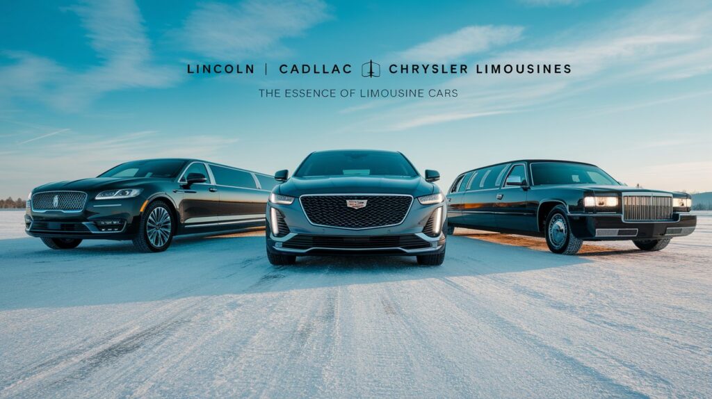 A cinematic panorama shot of "Lincoln, Cadillac, and Chrysler limousines" embracing "The Essence Of Limousine Cars". The scene is set in a vast, open space with a clear blue sky. The limousines are parked in a row, with their black leather interiors visible through the tinted windows. The limousines have distinctive features: the Lincoln has a classic design with a long hood, the Cadillac has a sleek, modern look with sharp lines, and the Chrysler has a boxy shape with a prominent grille. The ground is covered with a layer of fresh, white snow.