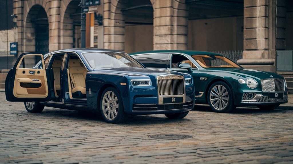 A cinematic medium shot of a Rolls Royce and a Bentley limousine parked on a cobblestone street. The Rolls Royce has a dark blue exterior with a beige interior, and the Bentley has a dark green exterior with a beige interior. Both cars have their doors open. The background reveals a historic building with arches.