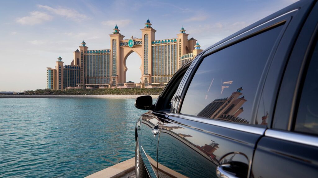 A photo of a limousine ride along the Palm Jumeirah crescent. The limousine's tinted windows provide panoramic views of the Atlantis Hotel and the Arabian Gulf. The background contains the luxurious hotel with its unique architecture. The foreground contains the pristine waters of the gulf.