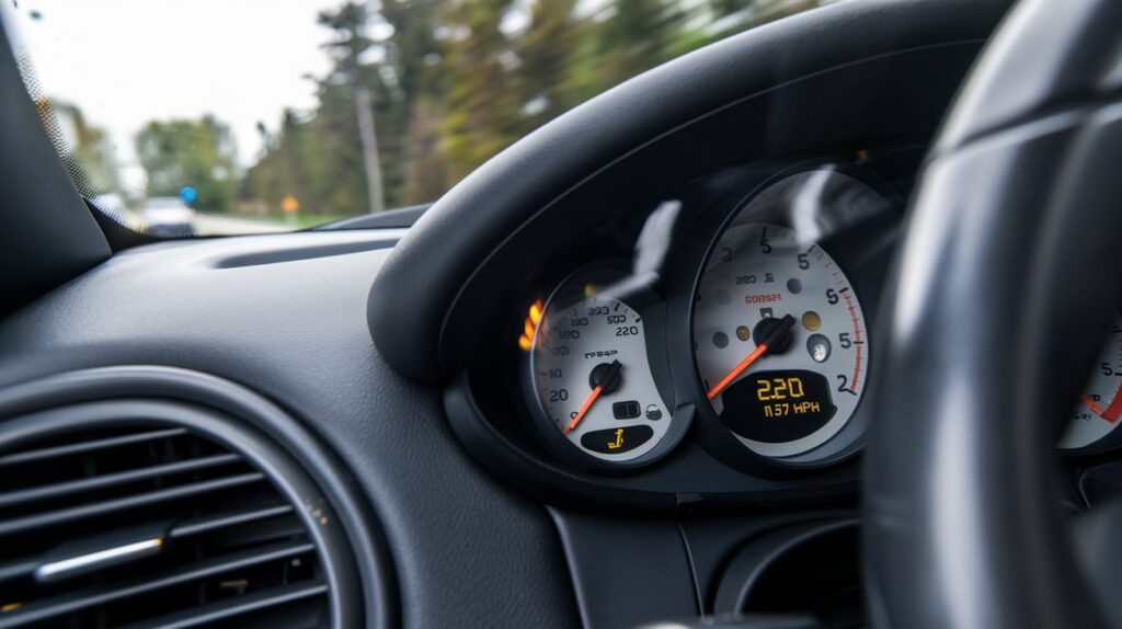 A photo of a 2000 Porsche 911 Turbo S speeding. The photo is taken from the side and focuses on the speedometer. The speedometer shows a speed of 220 km/h (137 mph). The background is blurred and contains a road and trees.
