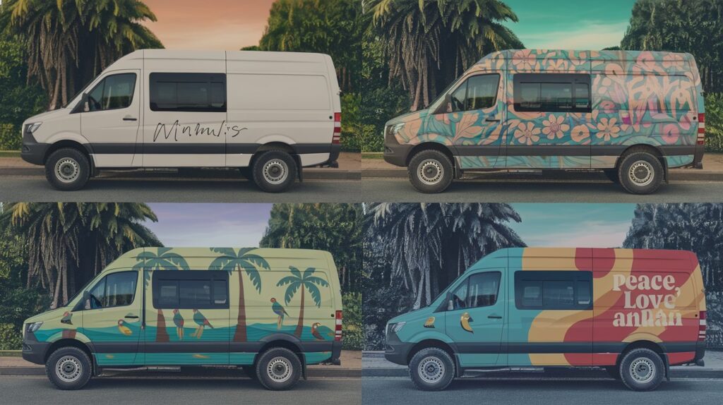 A photo of a luxury Sprinter van with various aesthetics. The van is parked on a street with lush green trees. The first aesthetic is a minimalist design with a white background and black text. The second aesthetic is a bohemian design with patterns of flowers, leaves, and hearts. The third aesthetic is a tropical design with palm trees, coconuts, and parrots. The fourth aesthetic is a retro design with the text "Peace, Love, and Van".