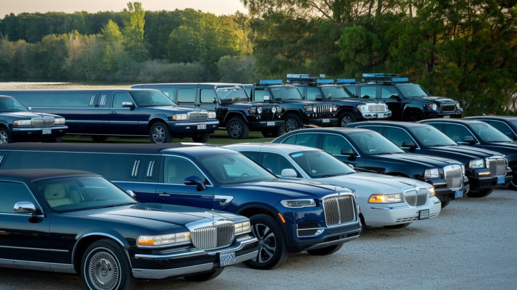 A photo of a fleet of limousines parked in a row. There are various types and classes of limousines, including stretch limousines, SUV limousines, and luxury sedans. The vehicles are dark blue or black and have dark tinted windows. Some have vintage designs, while others have modern, sleek lines. The background is a serene landscape with lush green trees and a body of water.