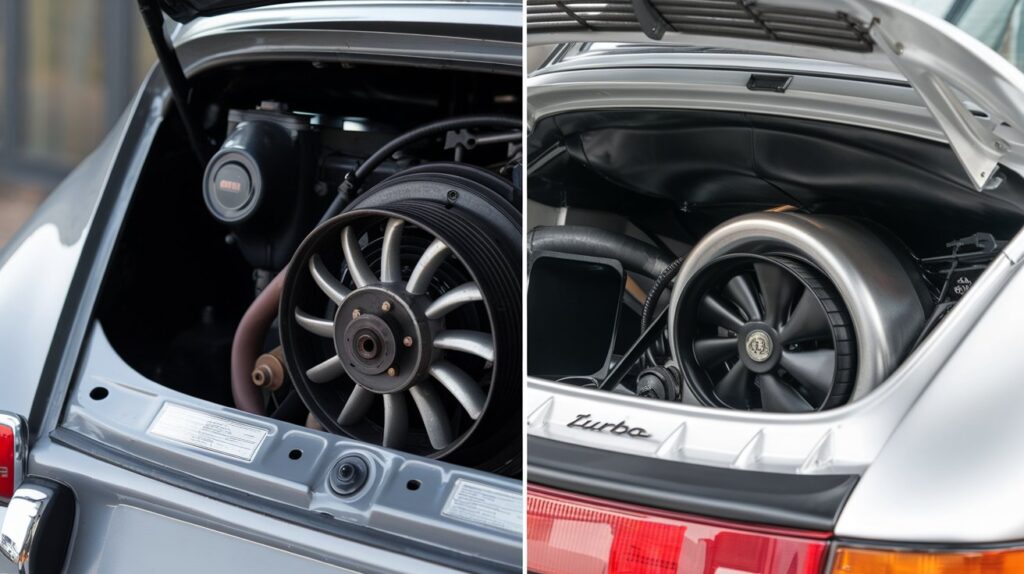 A close-up shot of the engine of a classic 1965 Porsche 911 on the left and a modern 993 Porsche 911 Turbo on the right. The classic engine has a manual transmission and is air-cooled. The modern engine is water-cooled and has a turbocharger.