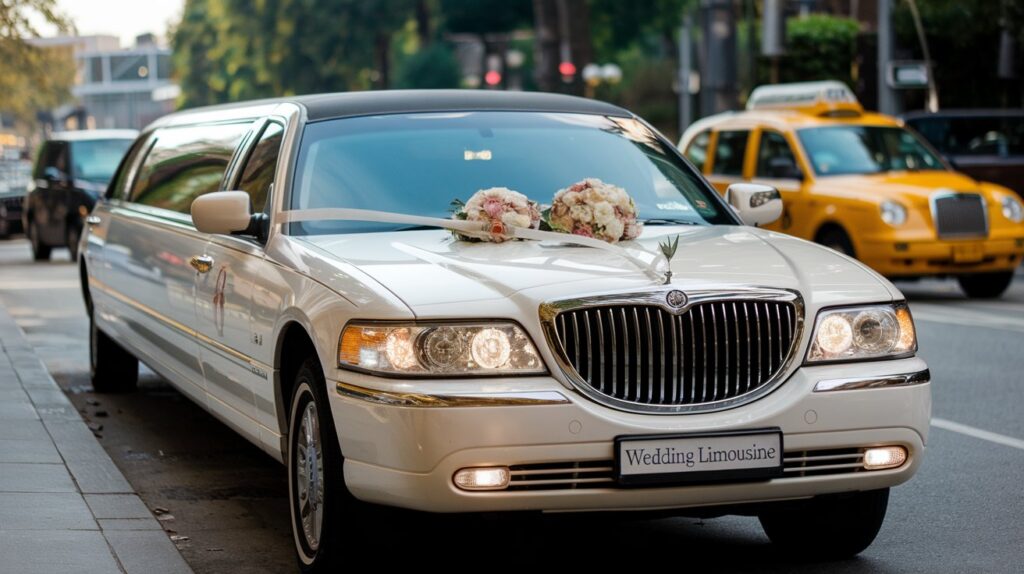 A photo of a luxury limousine with the text "Wedding Limousine". The limousine is parked on a street with a yellow taxi cab in the background. There are flower decorations on the limousine. The photo has a soft focus.