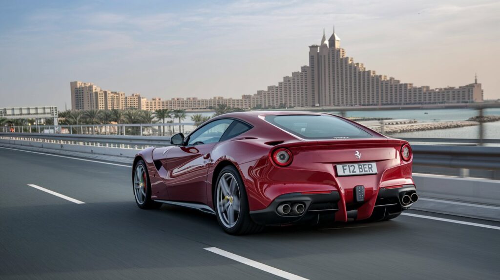 A photo of a Ferrari F12 Berlinetta supercar driving on a highway with a scenic view of the Palm Jumeirah islands in Dubai. The car is red and has the license plate "F12 BER". The background contains the iconic Palm Jumeirah islands, with their man-made archipelago and luxury villas. The sky is clear, and there are a few clouds.