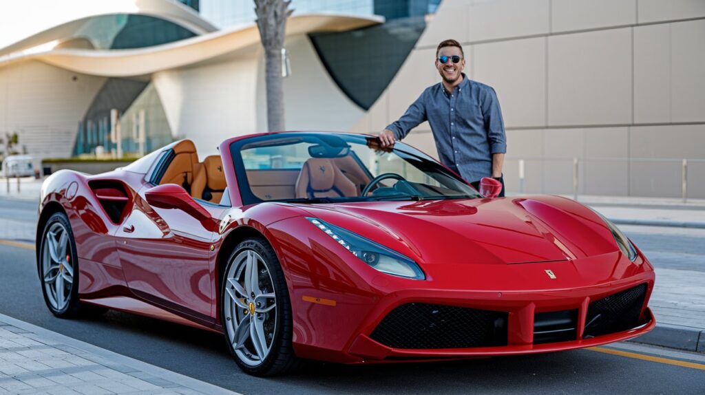 A photo of a Ferrari 488 Spider parked on a street in Dubai, with its roof down. The car is red and has black leather interior. The background contains modern architecture with a distinctive wave-like shape. A man wearing sunglasses and a gray shirt is standing beside the car, his hand resting on the door. The man is smiling broadly, his eyes wide.