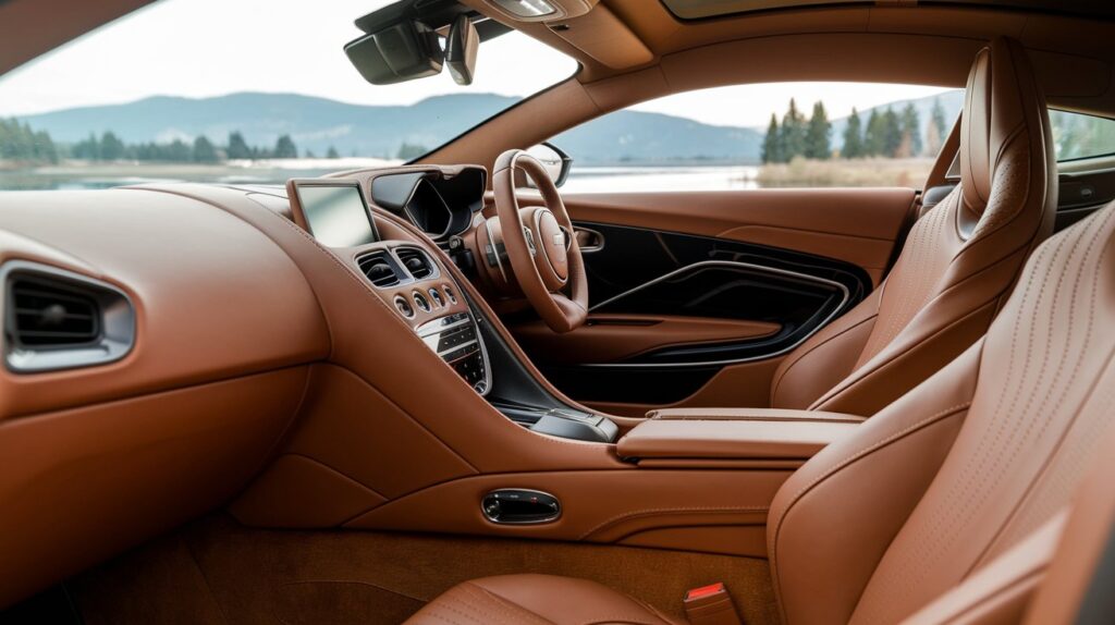 An angle shot photo of an Aston Martin DBS interior. The photo captures the elegant curves of the dashboard, the smooth leather seats, and the shiny metal accents. In the background, there's a serene landscape with mountains, trees, and a body of water. The overall image has a warm hue.