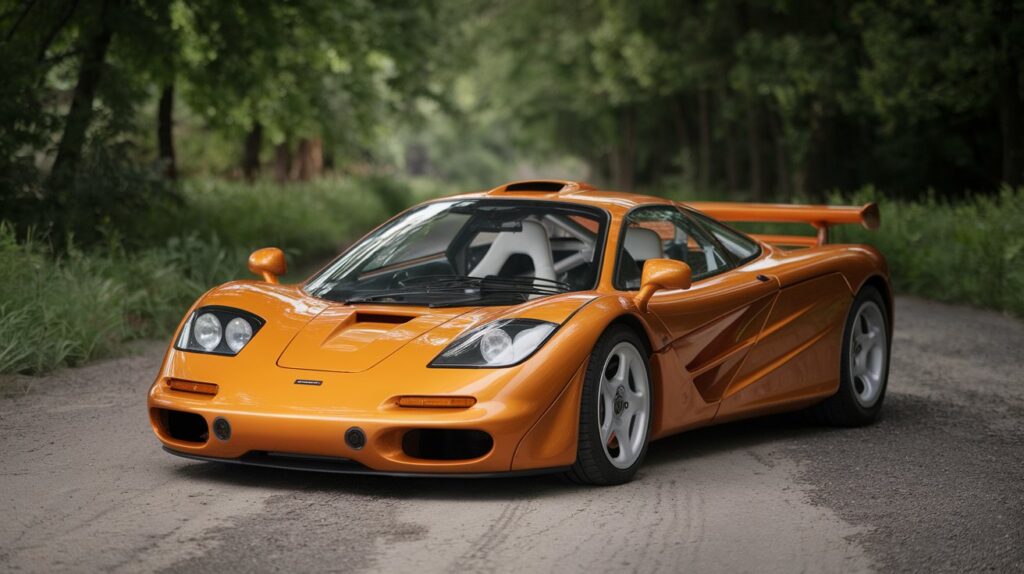 A photo of an orange 1995 McLaren F1 LM car parked on a dirt road in a forest clearing. The background is filled with lush green trees. The car's body is smooth and aerodynamic, with two large air intakes on the side and a rear wing. The interior is black and white. The car has been modified with a roll cage and racing seats. The overall photo has a cinematic aspect ratio.