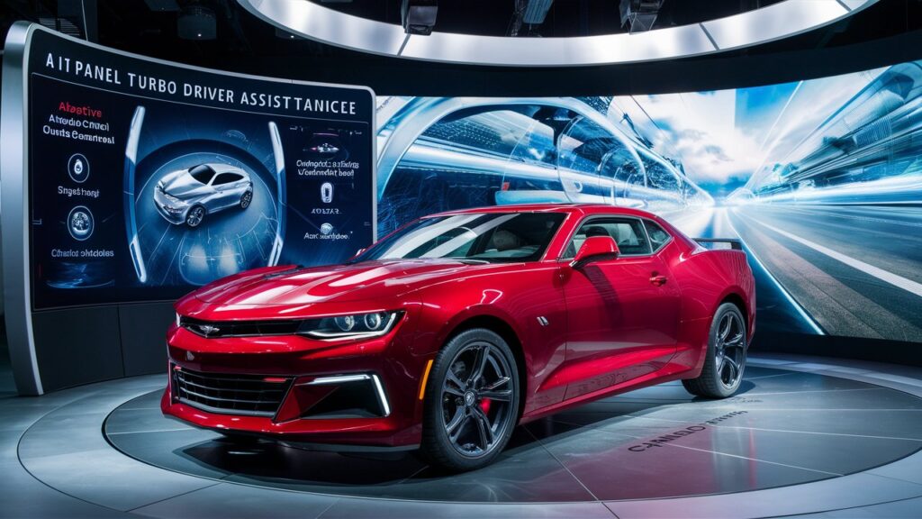 A sleek and modern 2017 Camaro Turbo is displayed in an advanced AI panel setup, showcasing its safety and driver assistance features. The car's striking red exterior is complemented by a futuristic black and silver interior. The AI panel features a large, high-definition screen displaying various driver assistance technologies, such as adaptive cruise control, lane departure warning, and collision avoidance systems. The background of the image is an innovative, futuristic cityscape with a blend of urban and natural elements, emphasizing the cutting-edge nature of the Camaro Turbo's AI technology.