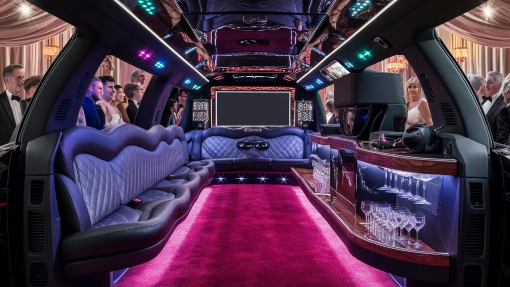 A luxurious GMC limousine, gracefully parked on a red carpet, is shown from an angle that highlights its state-of-the-art entertainment options. The sleek black exterior contrasts with the contemporary interior, featuring plush seats, a glossy wooden floor, and a bar stocked with glasses. A large LED screen dominates the back of the limo, with a virtual reality headset nearby. Surround sound speakers are visible, while colorful lights illuminate the interior. The background reveals a lavish party happening in a grand ballroom, with attendees gazing at the limo with awe.