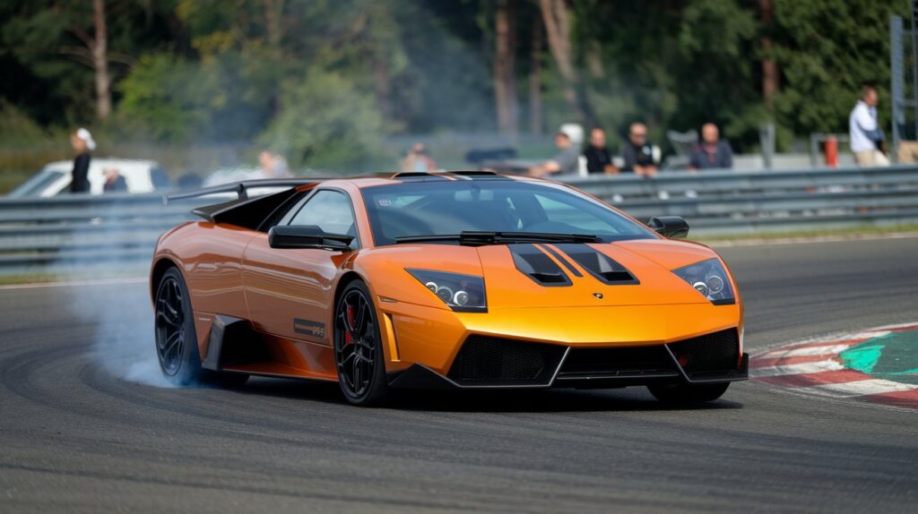 A photo of a Lamborghini Murcielago SV performing a sleek turn on a track. The car is orange and has black stripes. It is leaving a trail of smoke behind it. There are people watching from the side of the track. The background contains trees.