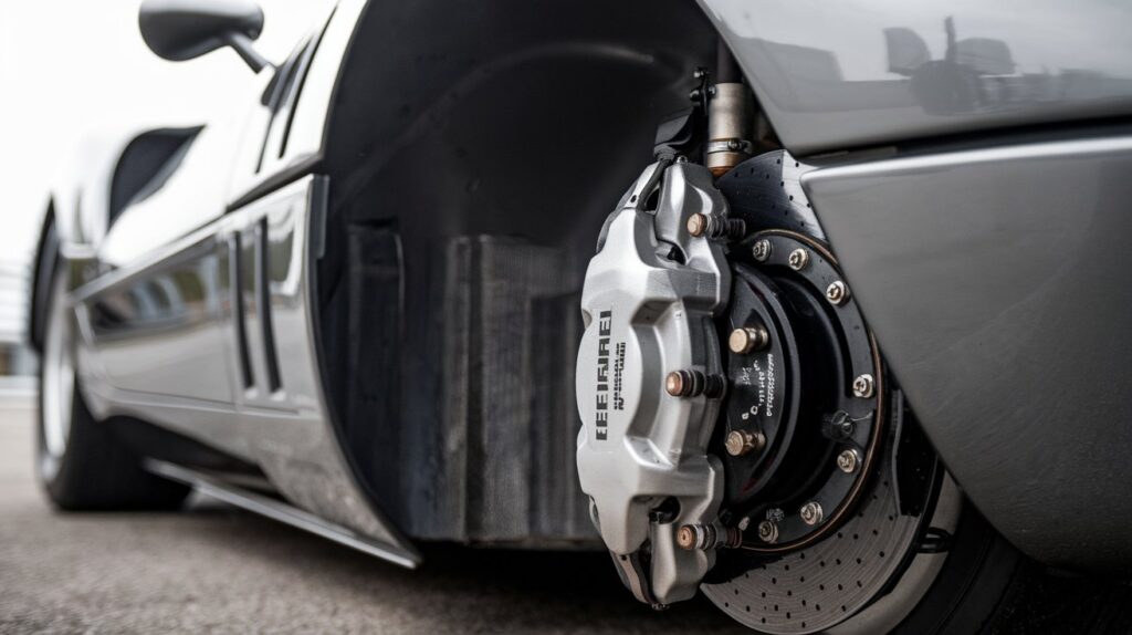 A close-up shot of the suspension and brake system of a Ferrari 599 GTO. The photo is taken from the front, with the brake calipers visible against the wheel, and the suspension components visible beneath. The background is blurred, revealing the car's exterior.