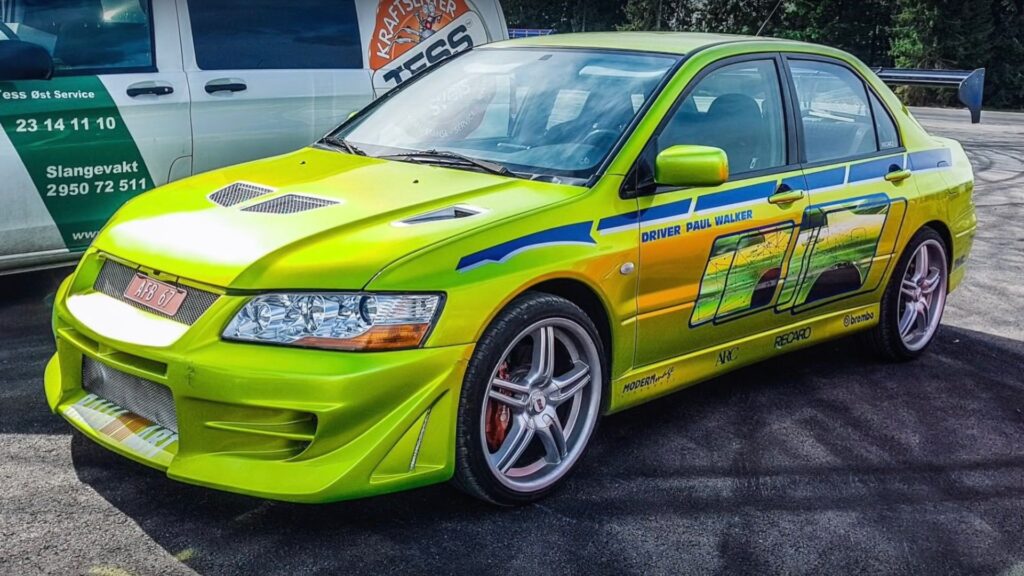 The Greenish Blend Yellow Mitsubishi Lancer Evo VII from 2 Fast 2 Furious driven by Brian in the movie.