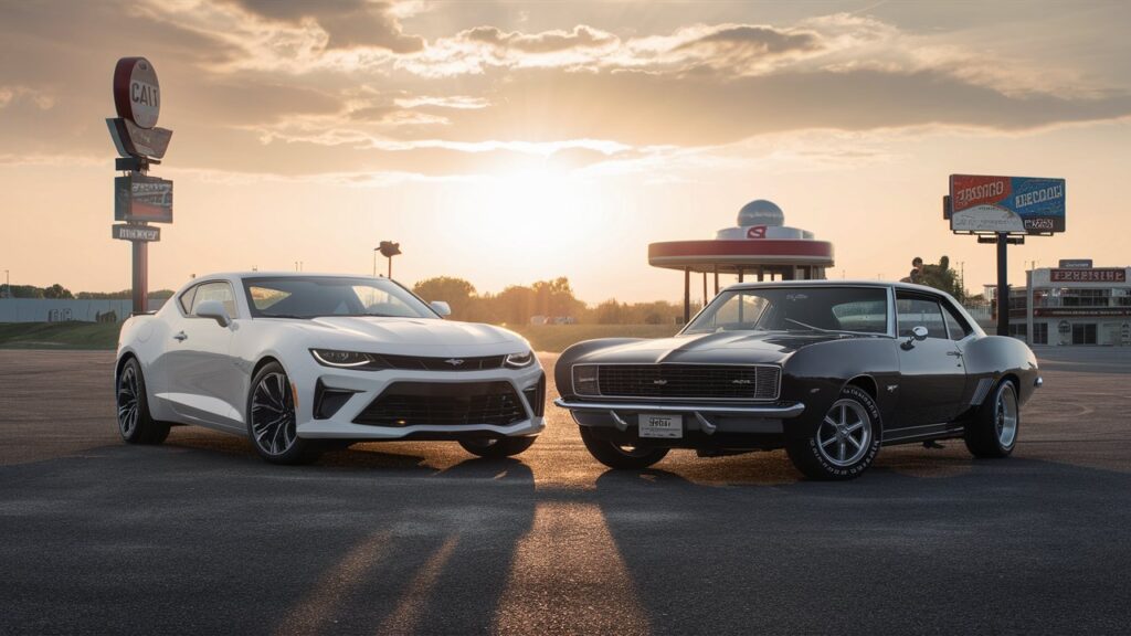 A breathtaking display of automotive history, featuring the 2017 Camaro Turbo alongside the iconic 1968 Camaro SS. The cars are positioned in a vast, open space, with the setting sun casting a warm, golden glow over the scene. The background showcases a vintage Americana theme, with a retro gas station, billboards, and a classic diner in the distance. The overall ambiance captures the essence of American muscle car culture, celebrating the legacy of the Camaro.