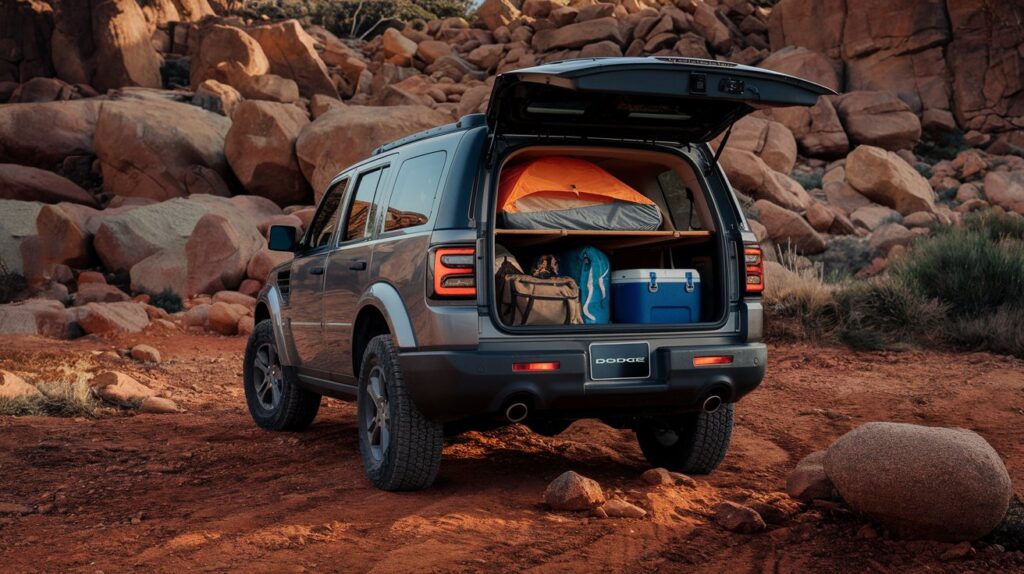 A cinematic shot of a Dodge Nitro SUV with the text "Versatility and Storage" displayed on the screen. The SUV is parked on a rocky terrain with large boulders. The spacious cargo area is filled with various items such as a camping tent, a cooler, a backpack, and a few other items.