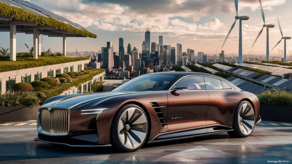 A visually stunning image showcasing the importance of sustainability in luxury transportation. The foreground features a sleek, futuristic electric car with a polished finish, glowing accents, and large, striking wheels. The car is parked on a rooftop with a stunning view of a bustling city skyline. The background displays a panoramic cityscape, with green rooftop gardens, solar panels on skyscrapers, and wind turbines spinning gracefully against the sky. The overall ambiance of the image is both luxurious and environmentally conscious, depicting a sustainable future for urban transportation.