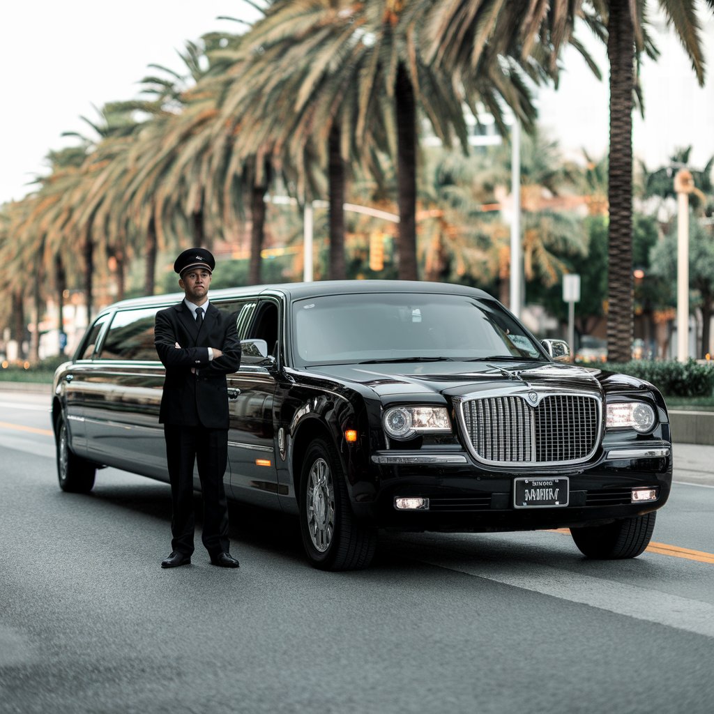 A photo of a luxurious limousine with a chauffeur standing outside. The limousine is black and has tinted windows. The chauffeur is wearing a black uniform and a cap. The background is a city street with palm trees lining the sidewalk. The street is paved with asphalt.