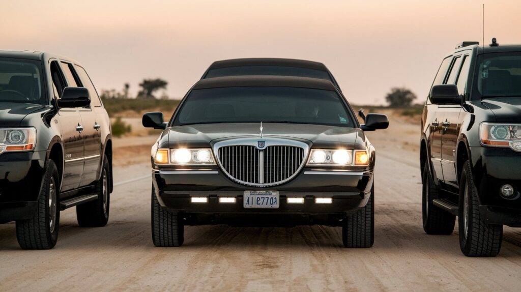 A cinematic medium shot of a Mexican standoff between three limousines on a desert highway. The limousines are parked in a row, with the middle limousine being a classic stretch limousine with dark-tinted windows. The front and rear limousines are black SUVs with tinted windows. The background is vast and open, with a few distant trees. The lighting is soft.