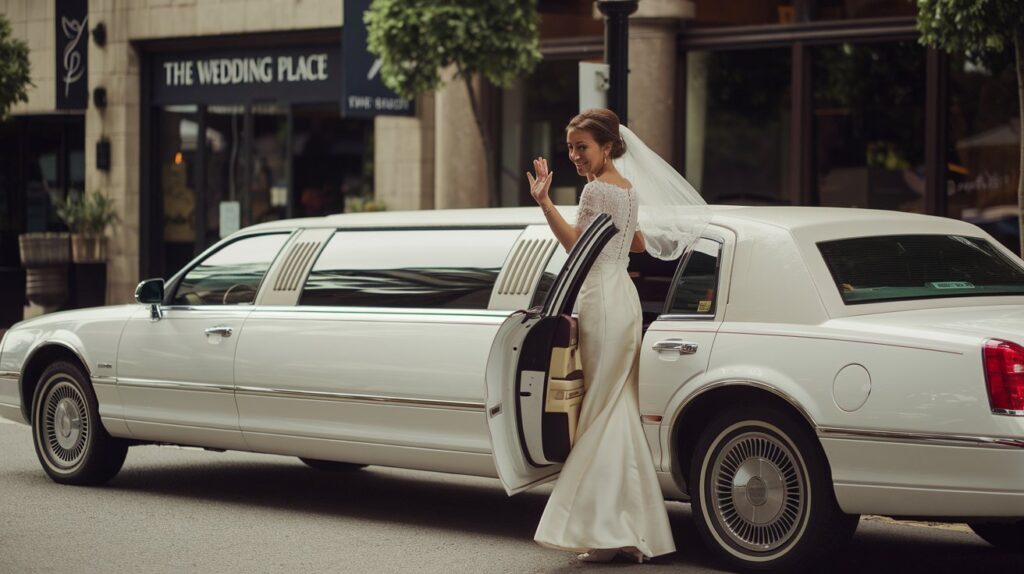 A photo of a classic stretch wedding limousine parked on the street. The bride, wearing a white dress and a veil, is standing outside the car, waving her hands through the window. The background contains a building with a sign that says "The Wedding Place". The lighting is soft.