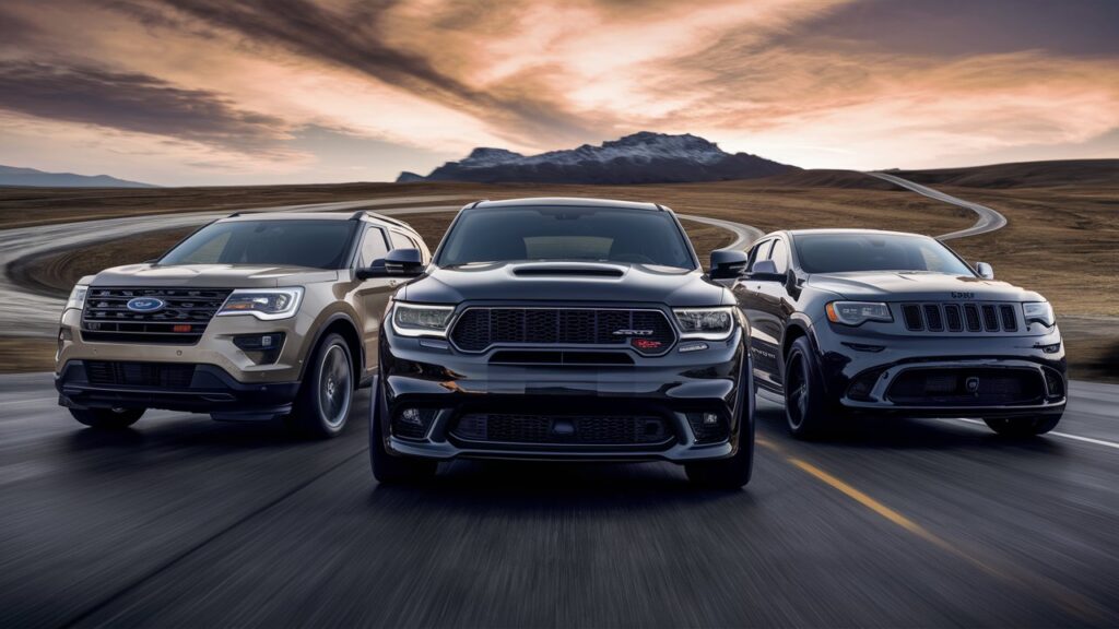 A stunning and dynamic group shot of the Ford Explorer ST, Durango SRT, and Jeep Grand Cherokee, showcasing their powerful designs and sleek exteriors. The vehicles are captured from their best angles, with the Ford in a swift motion, the Durango standing tall and strong, and the Jeep appearing rugged and adventurous. The background features an expansive and picturesque landscape, with a smooth, winding road leading to a distant, mountainous horizon. The sky is a beautiful blend of warm oranges and purples, creating an awe-inspiring backdrop for these powerful SUVs.