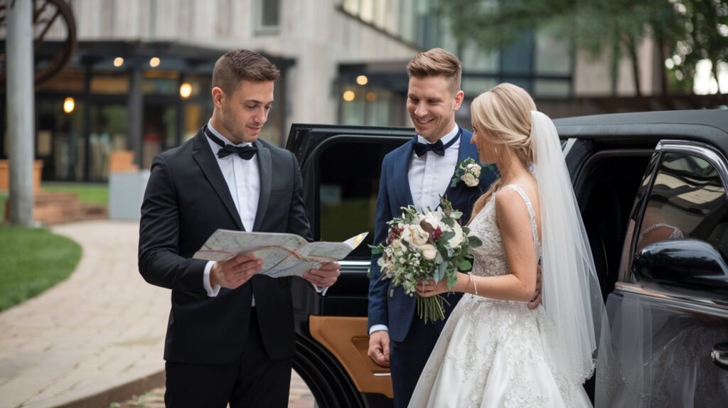 A photo of a limousine chauffeur with the groom and bride standing outside the limousine. The chauffeur is holding a map in his hands. The background contains a wedding venue with a building, a walkway, and some trees. The lighting is soft.